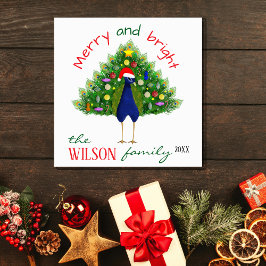 Tarjeta Festiva Cute Fun Merry and Bright Christmas Tree Peacock