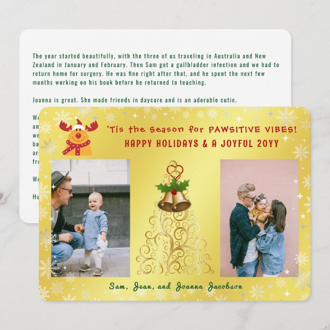 Tarjeta Festiva Cute Funny Rudolph 2 Fotos Felices Fiestas de Oro (Anverso / Reverso)