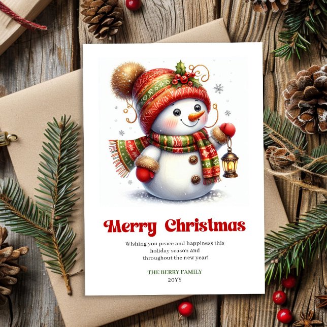 Tarjeta Festiva Cute funny snowman red green gold holiday card  (Cute funny snowman red green gold holiday card printable)