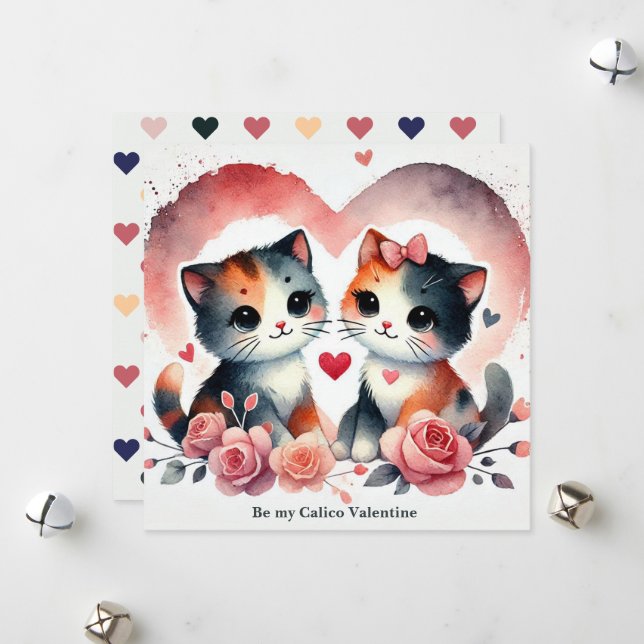 Tarjeta Festiva Cute gatos "Be my Calico Valentine" acuarela (Anverso/Reverso In Situ)