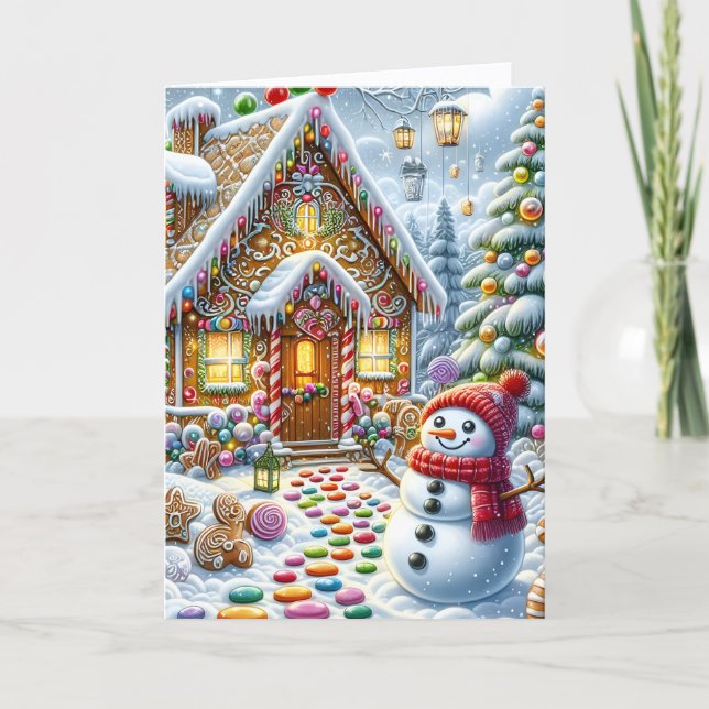 Tarjeta Festiva Cute Gingerbread House with Snowman Christmas (Anverso)