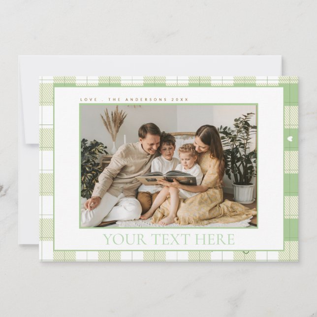 Tarjeta Festiva Cute Gingham Green Plaid Personalizado Photo Holid (Anverso)