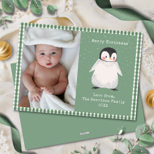 Tarjeta Festiva Cute Gingham Green Simple Fotografía Familiar