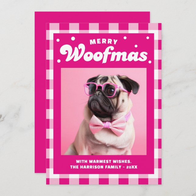 Tarjeta Festiva Cute Gingham Pattern Merry Woofmas (Anverso / Reverso)