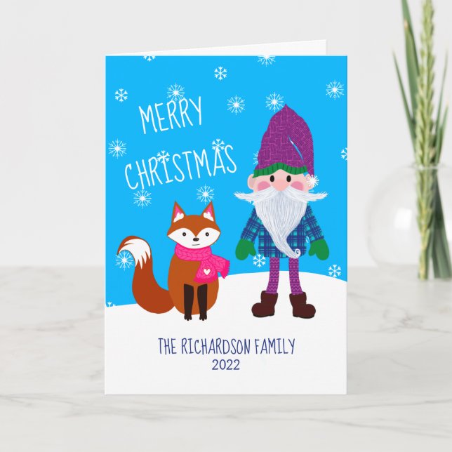 Tarjeta Festiva Cute Gnome Fox Snowflakes Blue Merry Christmas (Anverso)