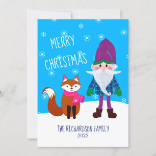Tarjeta Festiva Cute Gnome Fox Snowflakes Blue Merry Christmas
