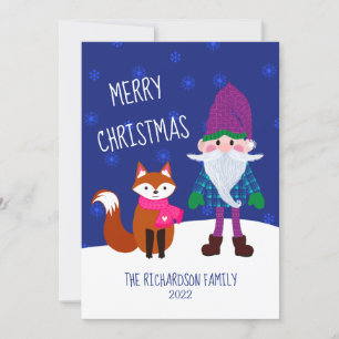 Tarjeta Festiva Cute Gnome Fox Snowflakes Personalizado