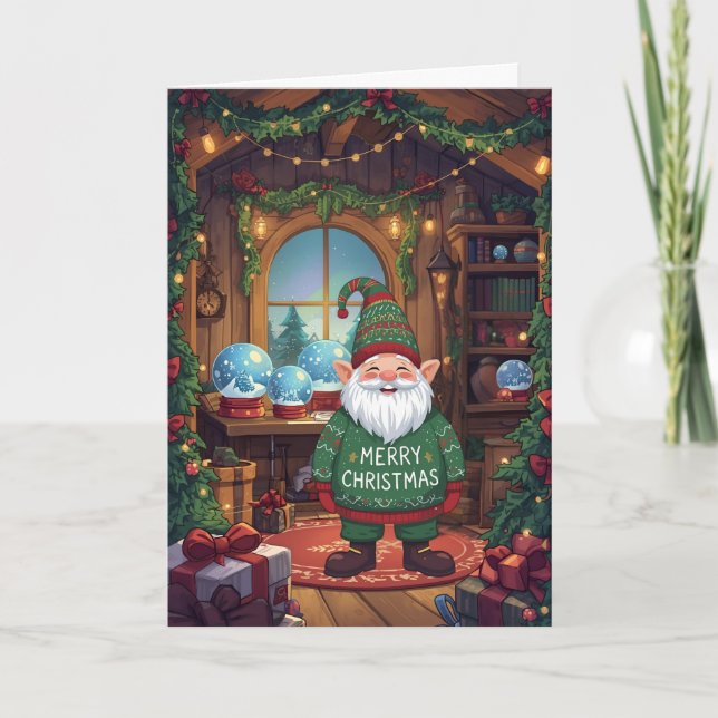 Tarjeta Festiva Cute Gnome In a Snow-Globe Workshop (Anverso)