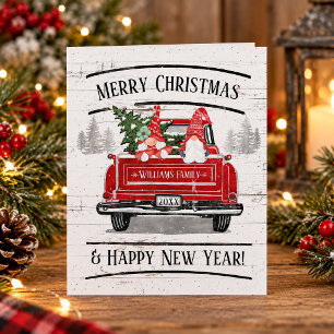 Tarjeta Festiva Cute Gnome Pareja Vintage Red Truck Navidades