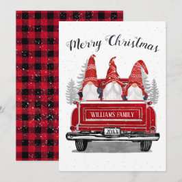 Tarjeta Festiva Cute Gnome Vintage Red Truck Plaid Merry Christmas