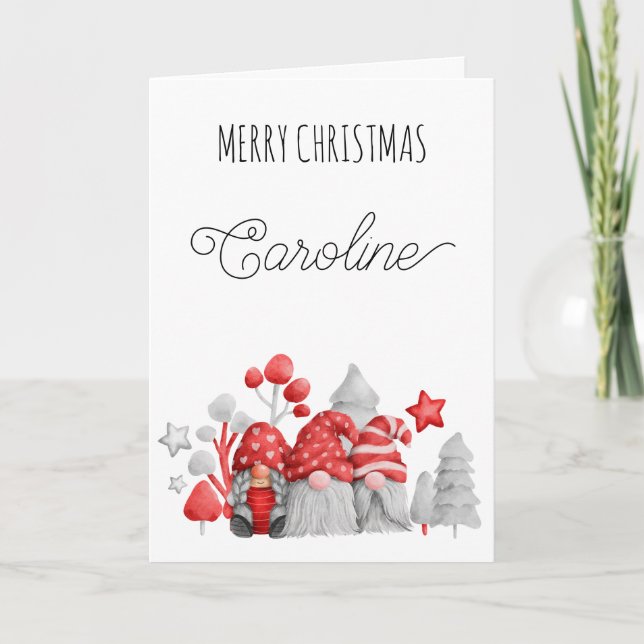 Tarjeta Festiva Cute Gnomes Merry Christmas Name plegado (Anverso)