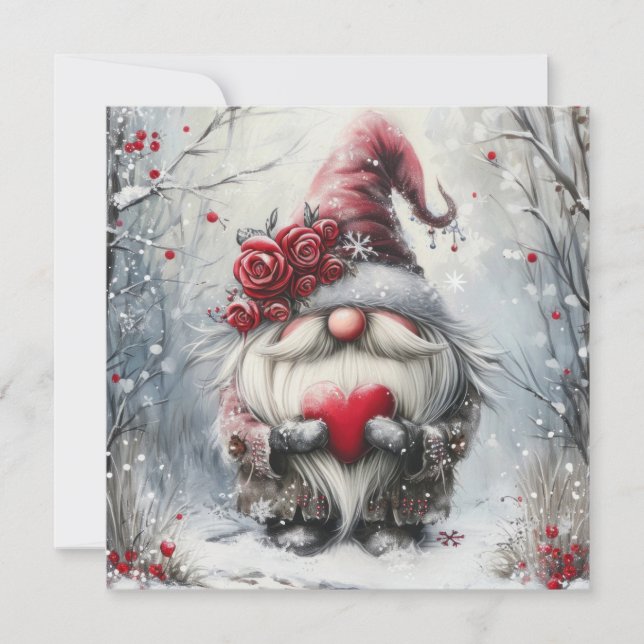 Tarjeta Festiva Cute Gnomo de Invierno con Corazón Rojo (Anverso)