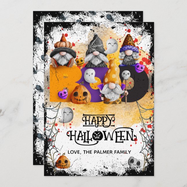 Tarjeta Festiva Cute gnomos BOO Feliz Halloween  (Anverso / Reverso)
