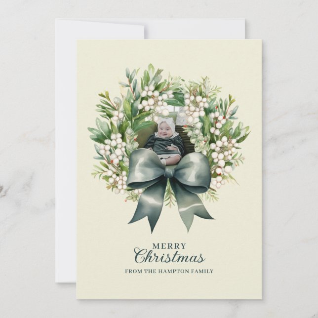 Tarjeta Festiva Cute Green Bow Wreath Photo Christmas (Anverso)