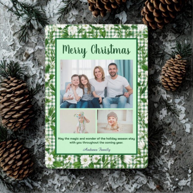 Tarjeta Festiva Cute Green Gingham Plaid 3 Photo Christmas  (Subido por el creador)