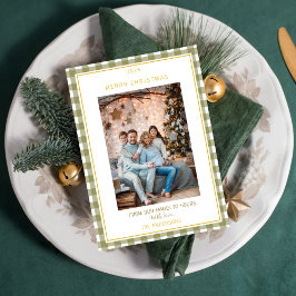 Tarjeta Festiva Cute Green Gingham Plaid Custom Photo Christmas