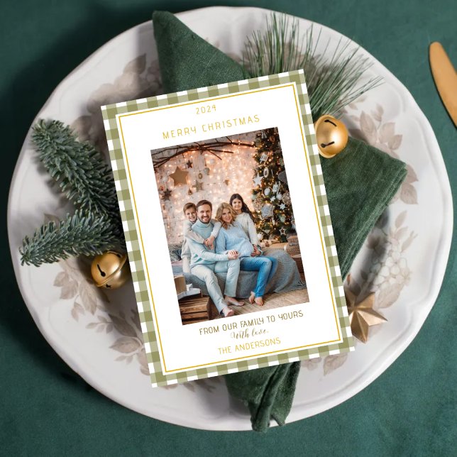 Tarjeta Festiva Cute Green Gingham Plaid Custom Photo Christmas (Subido por el creador)