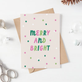 Tarjeta Festiva Cute Green Pink Merry & Bright Confetti Christmas