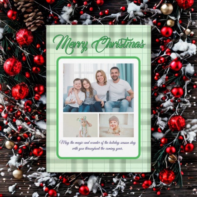 Tarjeta Festiva Cute Green Plaid Portrait Photo Christmas (Subido por el creador)