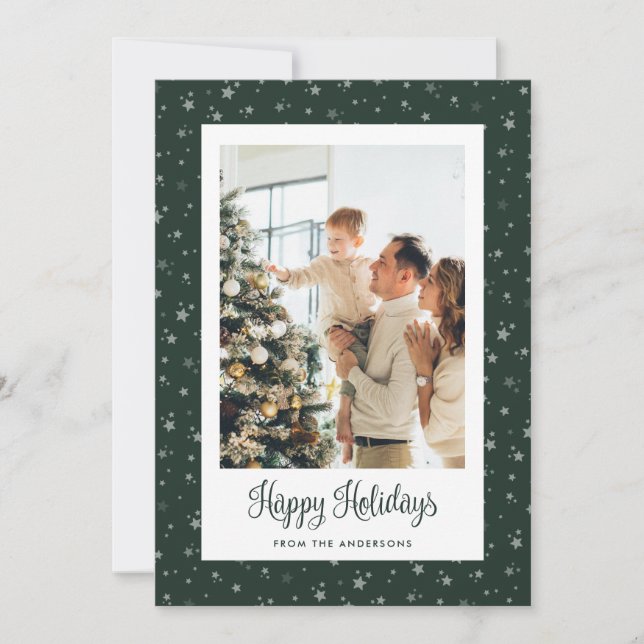 Tarjeta Festiva Cute Green Starry Photo Happy Holidays (Anverso)