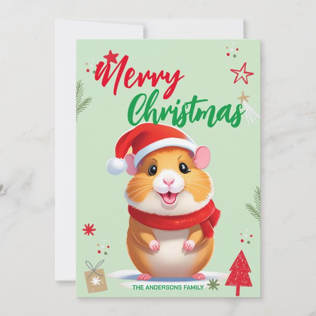 Tarjeta Festiva Cute Hamster santa Navidades Holiday Familia (Anverso)