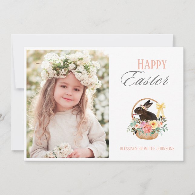 Tarjeta Festiva Cute Happy Easter Bunny Basket Photo (Anverso)