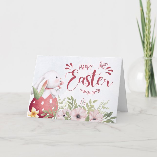 Tarjeta Festiva Cute Happy Easter Bunny Floral (Anverso)
