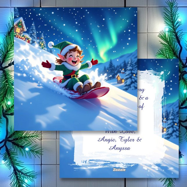 Tarjeta Festiva Cute Happy Elf Sledding | Personalized Christmas (Subido por el creador)