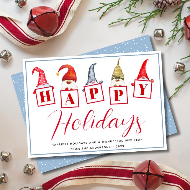 Tarjeta Festiva Cute Happy Holidays Gnomes Rótulos Holiday Card (Subido por el creador)