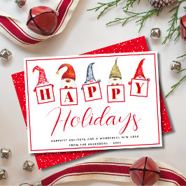 Tarjeta Festiva Cute Happy Holidays Gnomes Rótulos Red Holiday Car
