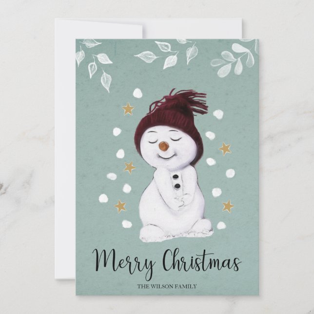 Tarjeta Festiva Cute Happy Snowman Winter Blue Navidades (Anverso)