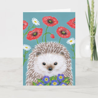 Tarjeta Festiva Cute Hedgehog en el jardín de flores Card