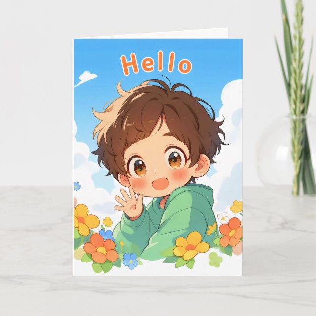 Tarjeta Festiva Cute Hello Anime Boy (Anverso)
