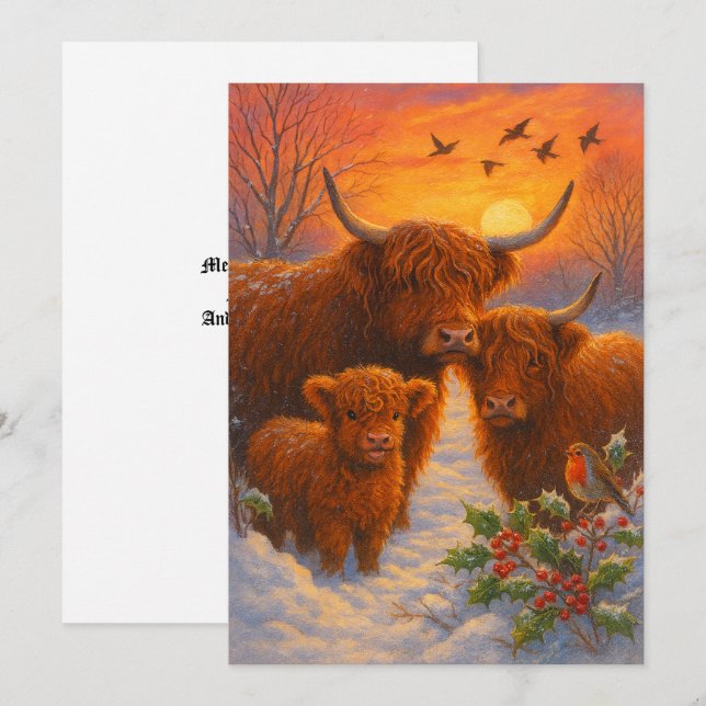 Tarjeta Festiva Cute Highland Cow Family In Snowy Woodland Sunset (Anverso / Reverso)