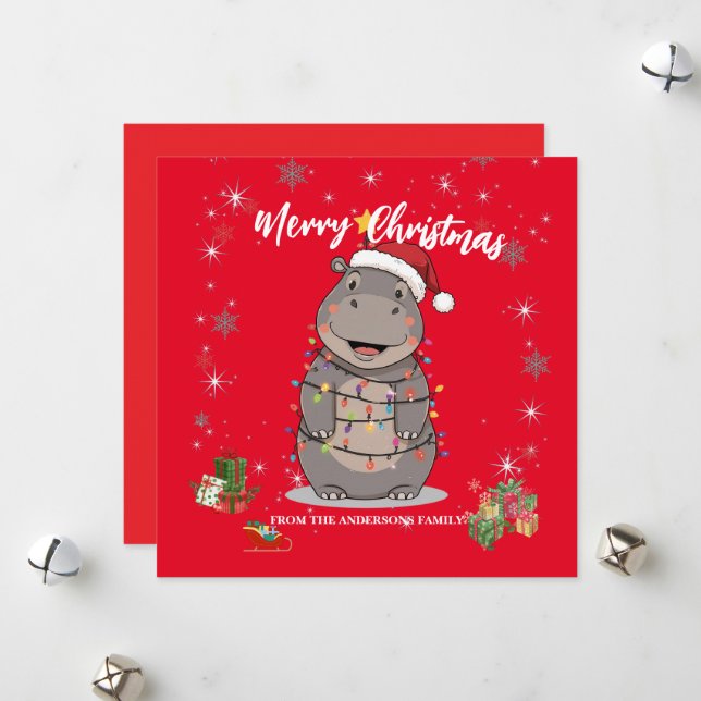 Tarjeta Festiva Cute Hippo Christmas tree zoo safari Xmas plaid pa (Anverso/Reverso In Situ)