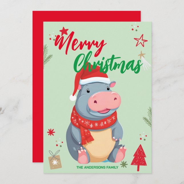 Tarjeta Festiva Cute HIPPO santa Navidades Holiday Nombre de la fa (Anverso / Reverso)