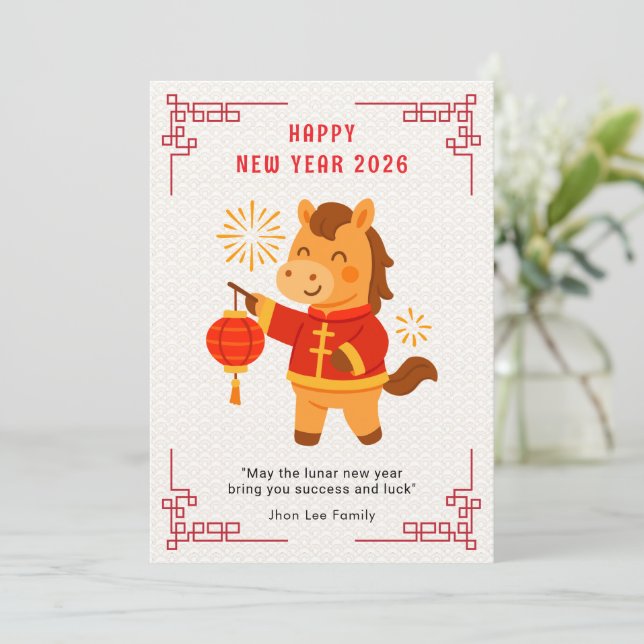 Tarjeta Festiva Cute Horse Chinese New Year 2026  (Anverso de pie)