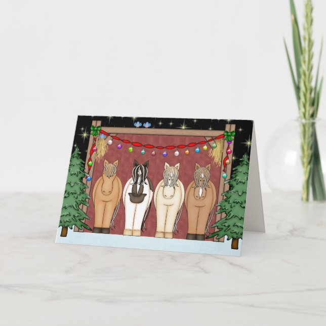 Tarjeta Festiva Cute Horse Herd Felices Fiestas Navidades (Anverso)