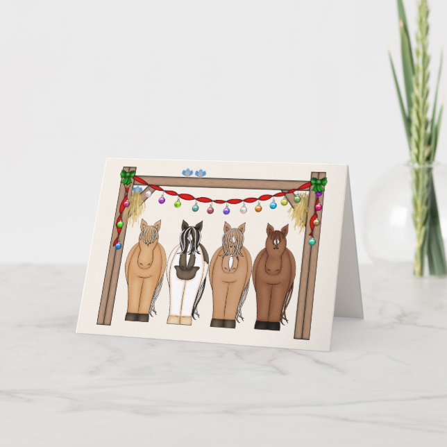 Tarjeta Festiva Cute Horses Felices Fiestas Navidades de Caballo (Anverso)