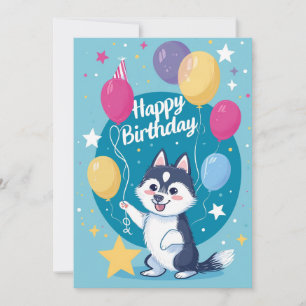 Tarjeta Festiva Cute Husky Feliz Cumpleaños