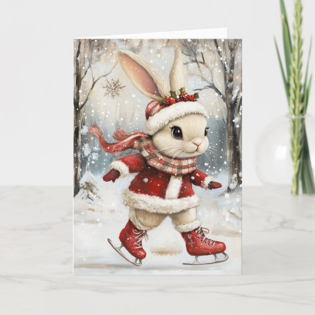 Tarjeta Festiva Cute Ice Skating Baby Bunny Christmas (Anverso)