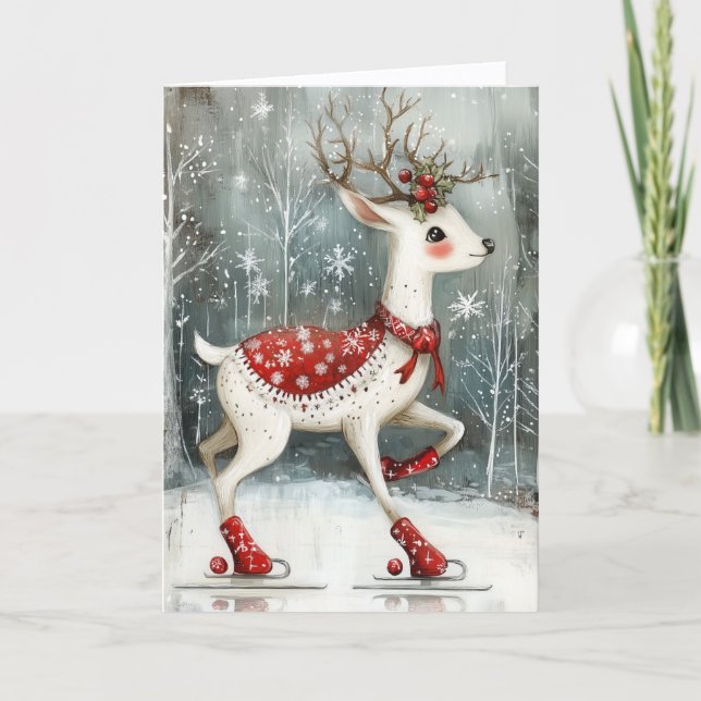 Tarjeta Festiva Cute Ice Skating Deer Christmas (Anverso)