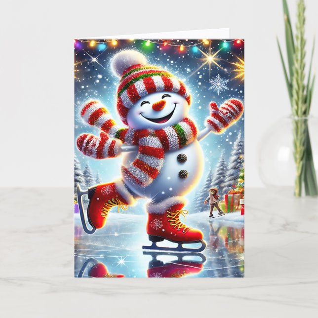 Tarjeta Festiva Cute Ice Skating Snowman Christmas (Anverso)