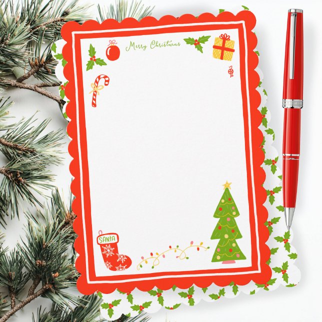 Tarjeta Festiva Cute Icons Scalloped CUSTOM Christmas Stationery (Cute Icons Scalloped CUSTOM Non-Photo Christmas Stationery Note Card Holiday Card
)