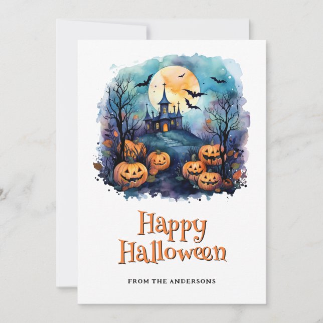 Tarjeta Festiva Cute Jack O’Lanterns Moon Bats Happy Halloween (Anverso)