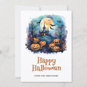 Tarjeta Festiva Cute Jack O’Lanterns Moon Bats Happy Halloween