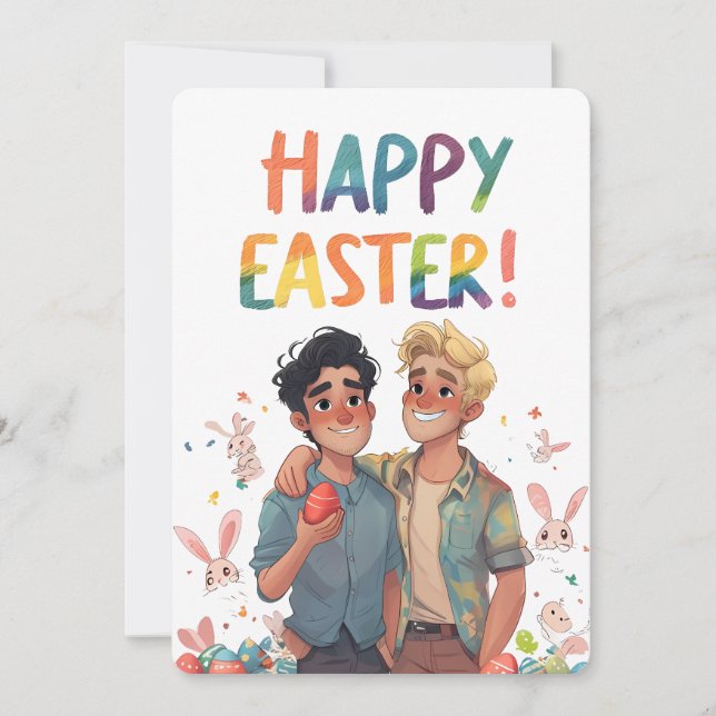 Tarjeta Festiva Cute Joyous Gay Gouple Easter Card (Anverso)
