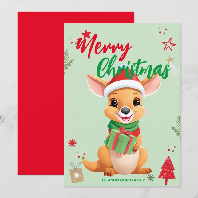 Tarjeta Festiva Cute Kangaroo santa Navidades Holiday Familia (Anverso / Reverso)