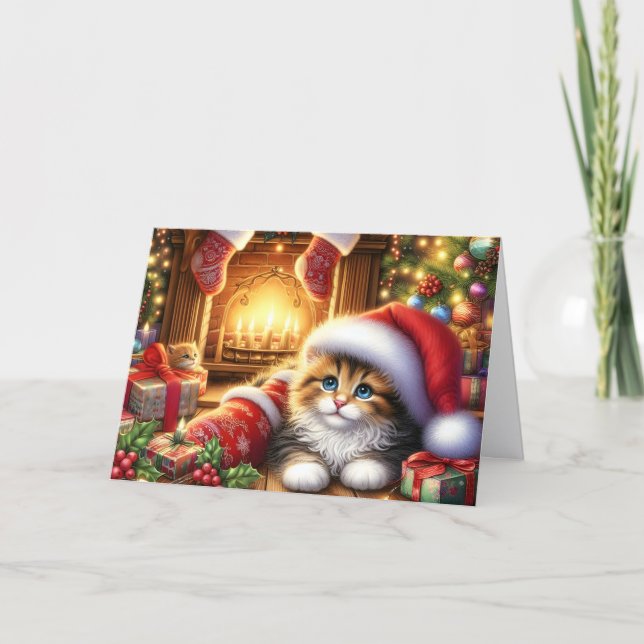 Tarjeta Festiva Cute Kitten by the Fireplace Christmas (Anverso)