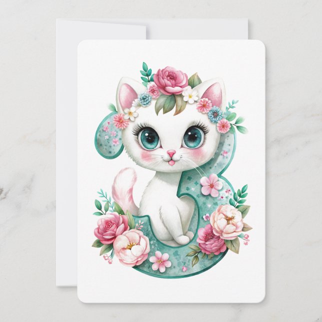 Tarjeta Festiva Cute Kitten Cumpleaños De Tres Años (Anverso)